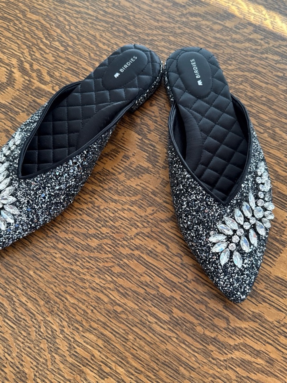 Birdies Black Glitter Jeweled Pointed Backless Flats